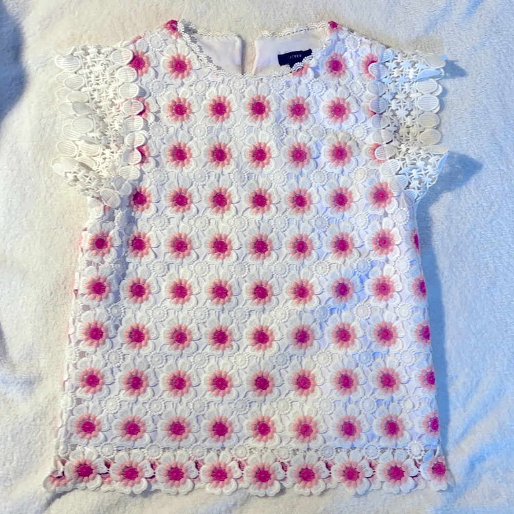 Embroidered pink and white JCrew blouse.